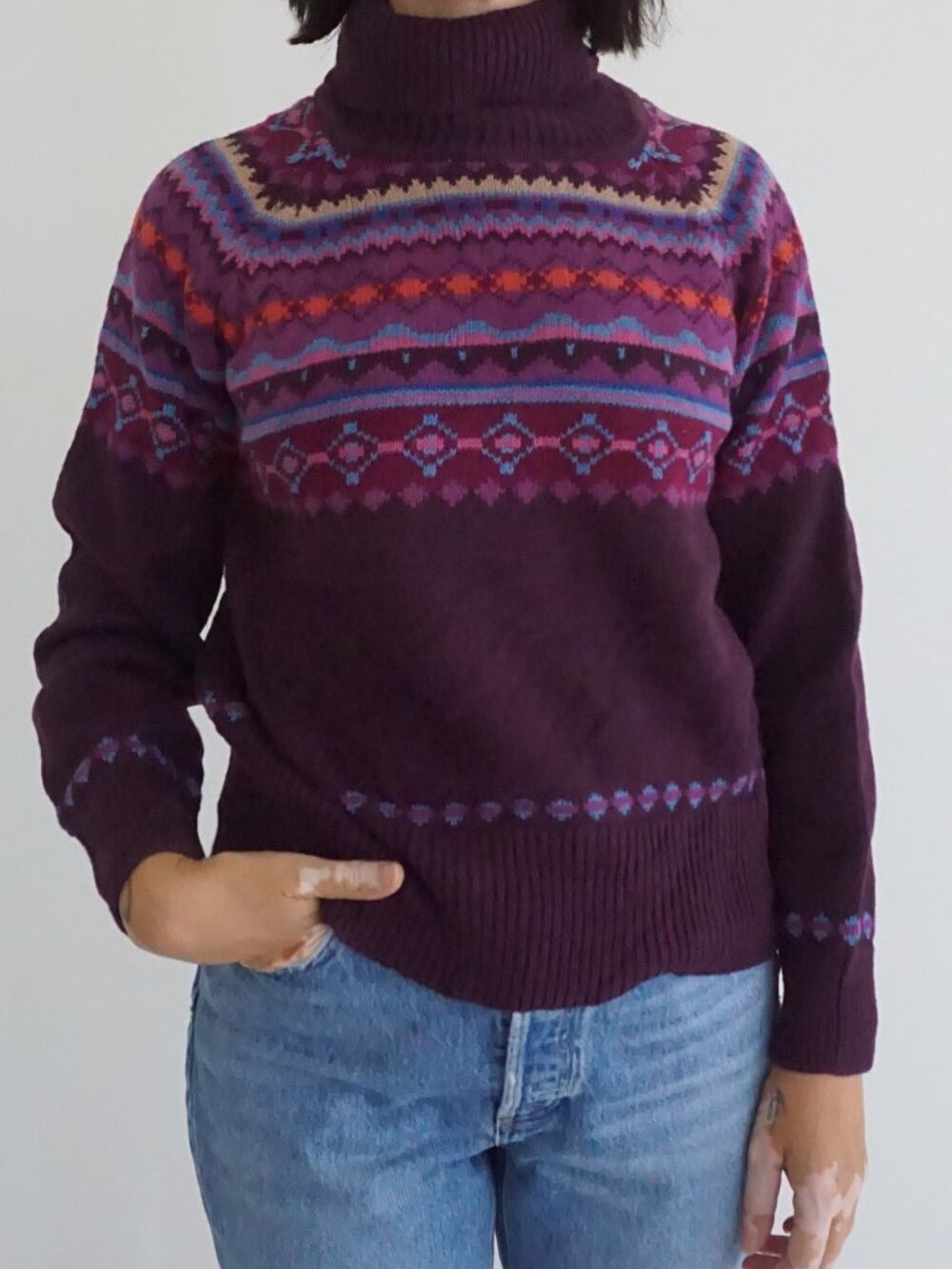 Vintage Dressbarn Purple Fair Isle Nordic Geometric Cotton Turtleneck Sweater M